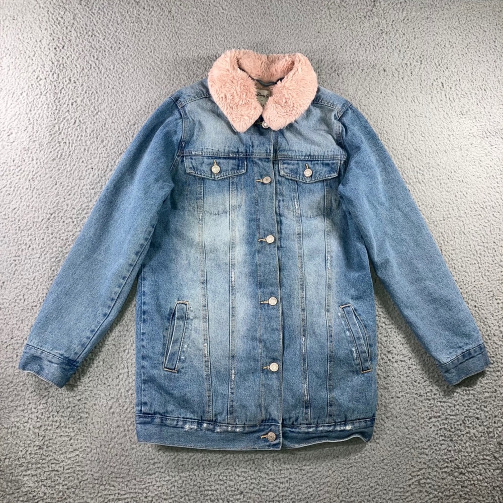Y2K Longline Denim Jacket Women 4 Pink Faux Fur Collar Fleece Lined Boyfriend